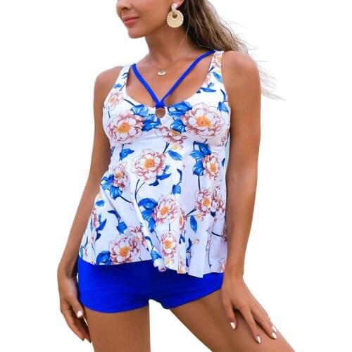 DropShipping Women Split Swimsuit Conservative Slim Printed Boxer Swim Trunks Set Female Split Swimwear Bathing Suit