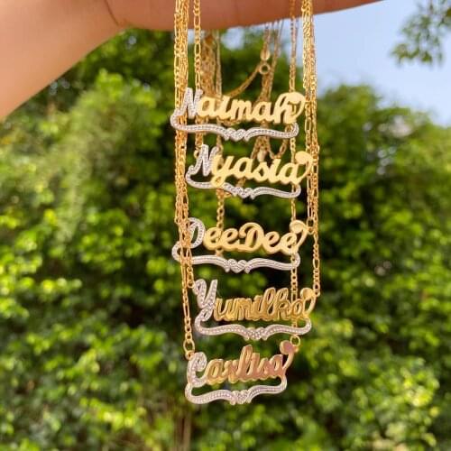 Two Tone 18K Gold Plated Personalized Double Plate 3D Name Necklace with Heart Necklaces Pendant For Women Girl Jewelry Gift