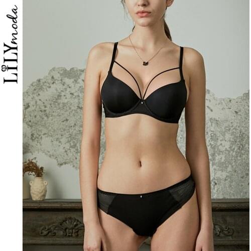 Classic Bandage Black Bra Set Push Up Brassiere 3/4 Cup Thick Cotton Underwear Deep V Brassiere Black Gather Women Lingerie Sets