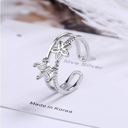Ring female small fresh inlaid zirconium small flowers double hollow opening bracelet engagement rings for women