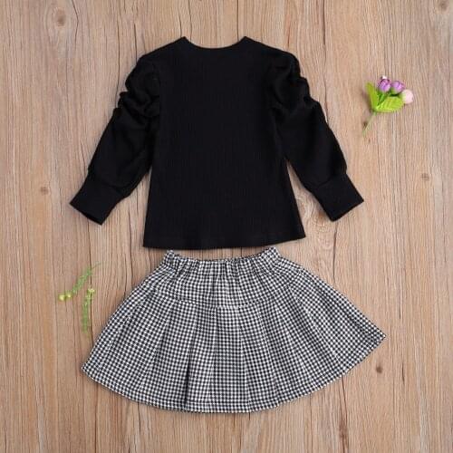 Kids Girls Fashion 2-piece Outfit Set Puff Sleeve Solid Color Top+Plaid Skirt Set for Children Girls New Style 2021