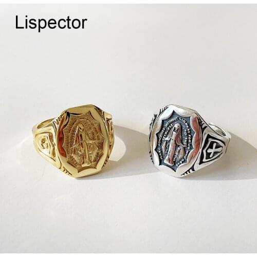 Lispector 925 Sterling Sliver Vintage Carved Saint Virgin Mary Rings for Women Christian Retro Coin Cross Ring Religious Jewelry