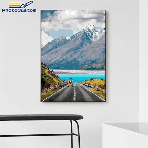 PhotoCustom DIY Painting By Numbers Seaside road For Adults Diy Oil Paints By Numbers Framed HandPainted Artcraft Decor