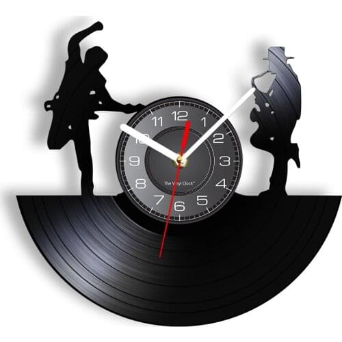 Saxophone Player And Guitarist Vinyl Record Wall Clock For Music Room Music Band Laser Cut Shadow Art Wall Watch Retro Timepiece