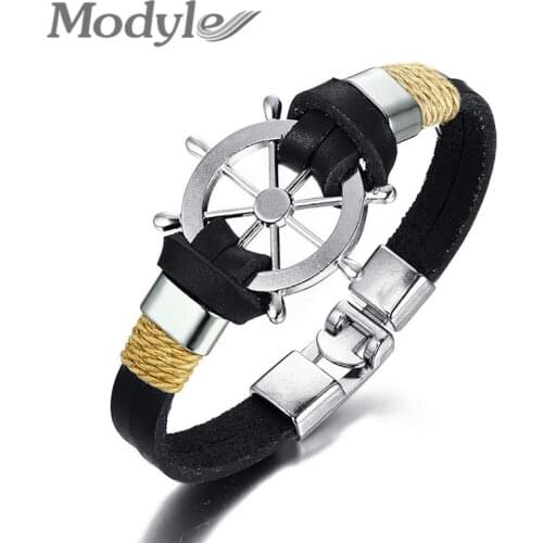 Modyle 2020 New Fashion Rudder Men Bracelet Bangle Double Layer Leather Classic Vintage Daily Sport Sailing Jewelry