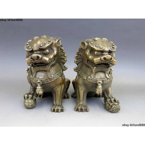 A Pair Medicine old Chinese Brass Copper Animal Feng shui Foo Dog Lion town house Statue 2pcs Garden Decoration
