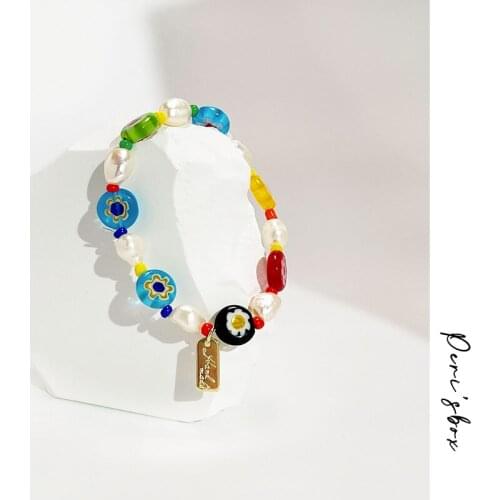 Perisbox Colorful Freshwater Pearl Coloured Glaz Bracelet For Women With Bronze Medal Bohemia Trendy Small Simple Bracelet Gift