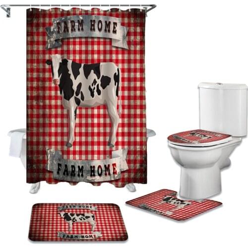 Plaid Cow Retro Farm Printed Shower Curtain Set Bathroom Bathing Screen Anti-slip Toilet Lid Cover Carpet Rugs Home Decor