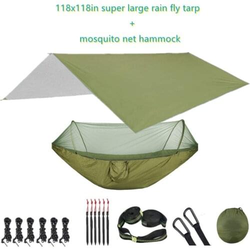 Portable Parachute Outdoor Camping Hammock with Mosquito Net and 118x118in Rain Fly Tarp,10-ring Tree Strap Hammocks Swing