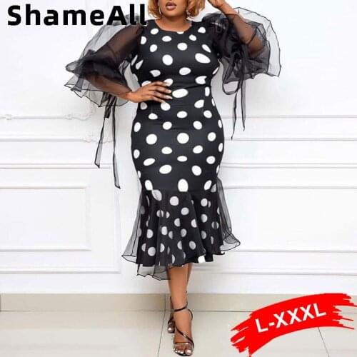 Plus Size Big Polka Dot Print Mermaid Dress 4XL Summer Vintage Sheer Mesh Patchwork Puff Sleeve Push Up Birthday Bodycon Dresses
