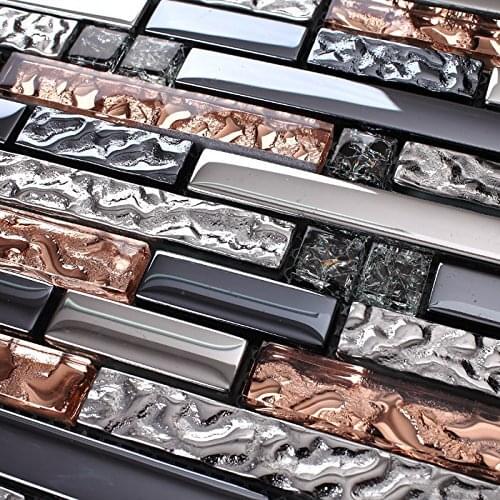 Rose Gold Ink Blue Chrome Mosaic Tiles Crystal Glass Tile Interlocking Black Brown Mosaic Bath Kitchen Fireplace Decor 11 PCS
