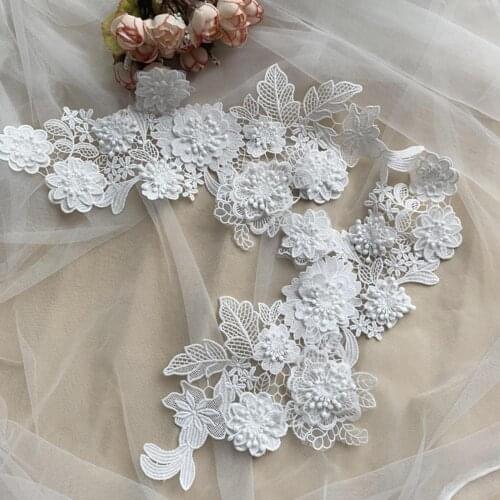 1 pair Off White Lace Applique With 3d Floras Embroidery Flower Symmetrical Applique for Bridal and Costumes