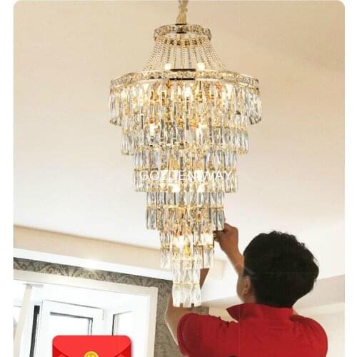 Free Shipping Modern K9 Crystal Chandelier light Golden Hanging Pendant Lamp Light Fixtures Stair Hotel Lamp Home Decora Lustres