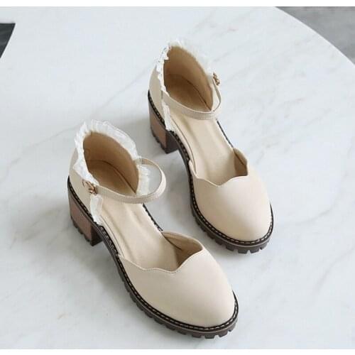 Girls' Leather Shoes Women Shoes Round Toe Pumps Chunky High Heels Mary Jane Causal Ladies Shoes Sweet Lace Thick Heels 32-43