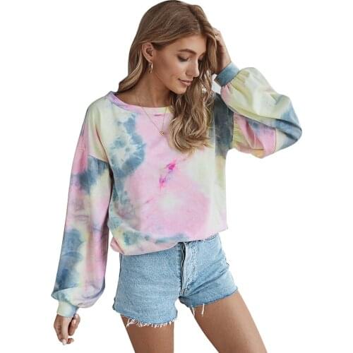 Streetwear Women Simple Tie Dyeing Print Sweatshirt Stylish Long Sleeve Soft Casual Pullover Blouses Hoodies Shirt Tops