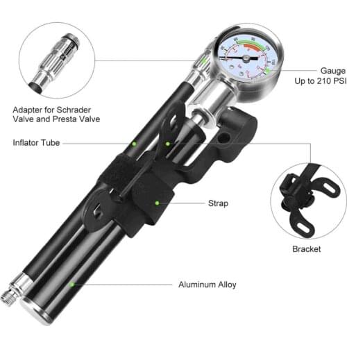 Mini Bike Pump, Portable Bicycle 210PSI 15BAR High Pressure Hand Air Pump with Gauge and Glueless Puncture Repair Kit Fits