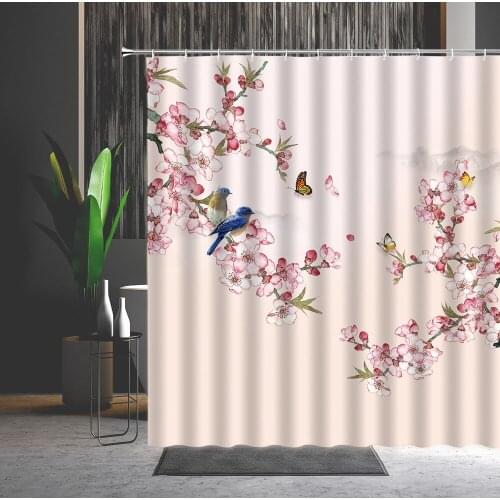 Chinese Style Shower Curtain Flower Bird Landscape Pattern 3D Printing Waterproof Bathroom Partition Bath Curtains Set With Hook