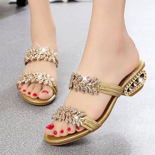 2021 New Womens Slippers Crystal Flower Summer Sandals Women Shoes Mid-heel Casual Slides Fashion Beach Flip Flop Gold Silver