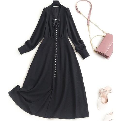 Women Top Quality Chiffon Long Sleeve Dress New 2021 Spring Summer Bowknot V-neck Diamonds A-line Elegant Black Dresses White