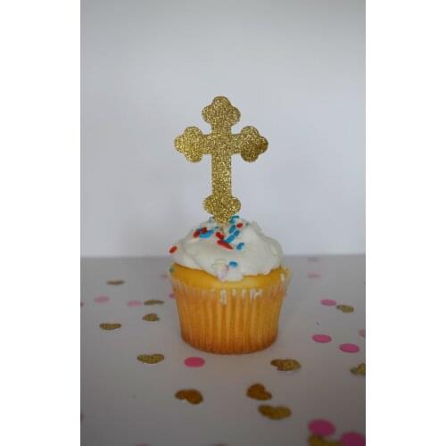 Gold glitter Christening Baptism Cross Cupcake Toppers baby shower birthday wedding cake topper decor