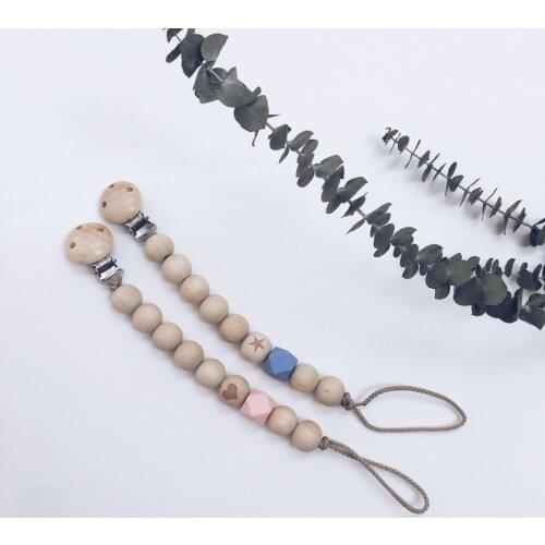 1PC Lovely Printing Soothe Pacifier Chain Wooden Beads Food Grade Natural Wood Binky Clip Newborn Gifts DIY Teething Toys