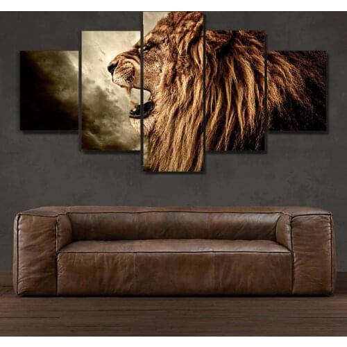 5 Panel Canvas Art Print Wall Art Howling Lion Paintings for Living Room Wall Poster Frame Unframed Home Decor NY-7708C