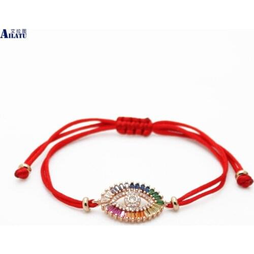 Ailatu Lucky Bracelet Micro Pave Rainbow Cz Turkish Eye, Hamsa, and Tube Beads Red String Macrame Bracelets