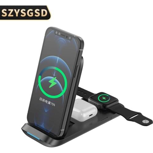 15W 3 in 1 Fast Wireless Chargers Stand For iPhone 12 12Pro Foldable Charging Dock Station for Apple Watch Airpods Pro Charging