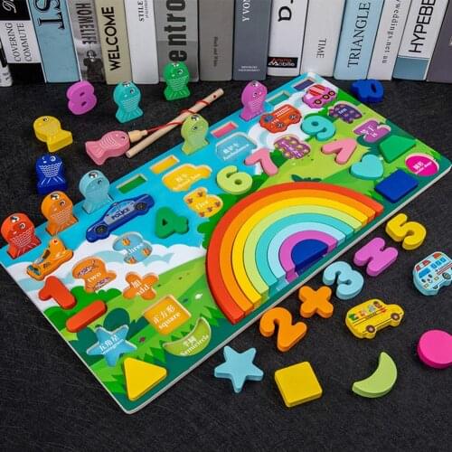 Montessori Wooden Numbers Toys Children BusyBoard Rainbow Circle Jigsaw Puzzle Math Fishing Counting Childrens Educational Toys
