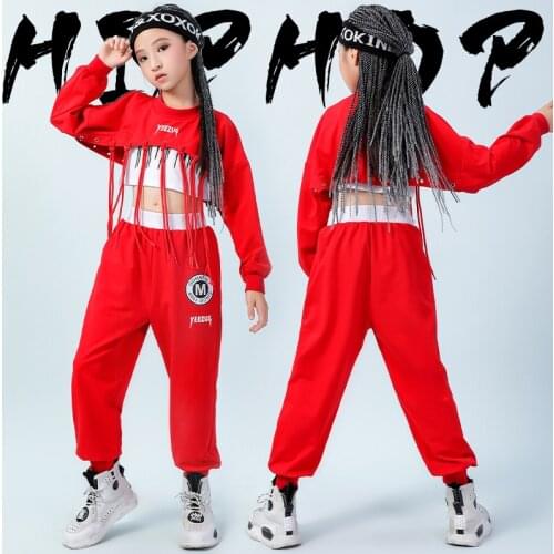 Children Jazz Dance Costume Hip Hop Girls Performance Suit Red Tops Pants Long Sleeve Street Dance Clothing Stage Wear DNV14013