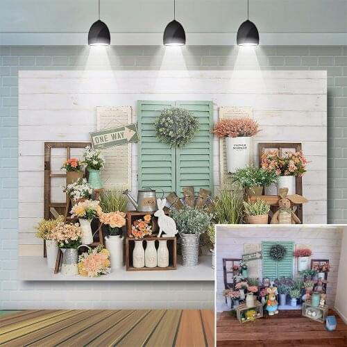 Easter Flower Bunny Backdrop Spring Kids Baby shower Birthday Retro Wood Door Toys Background Birthday Prop