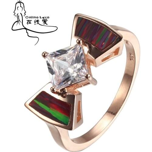 Fire Opal Ring White Zircon Jewelry Gift R224