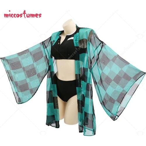 Haikyuu Kamado Tanjirou Cosplay Two Piece Beach Swimsuit V Neck High Waist Lace Up Bathing Suit Swimwear Kimono Cover Up