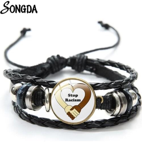 Creative Stop Racism Letter Print Glass Dome Leather Bracelet Black Lives Matter Statement Bracelet for Women Men Cartoon Series