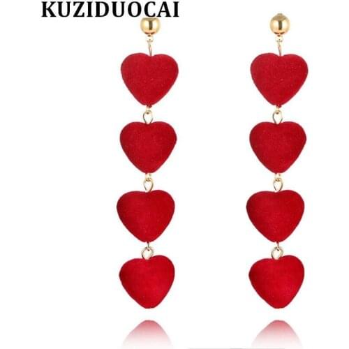 Kuziduocai 2018 New Fashion Fine Jewelry 9.2*2.3cm 4 Colors Cotton Cloth Copper Love Heart Tassel Stud Earrings For Women E-262