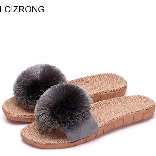 LCIZRONG Women Beach Slippers Summer Flat Flip Flops Outside Ladies Men Linen Home Shoes Female Open Toe Plush House Flax Shoes