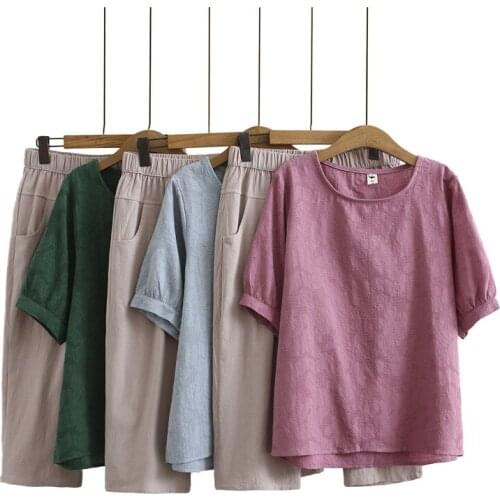 Summer Women Sets Clothes 2021 Casual Plus Size Short Sleeve Jacquard T-Shirt + Capri Pants Camiseta Mujer Middle Aged