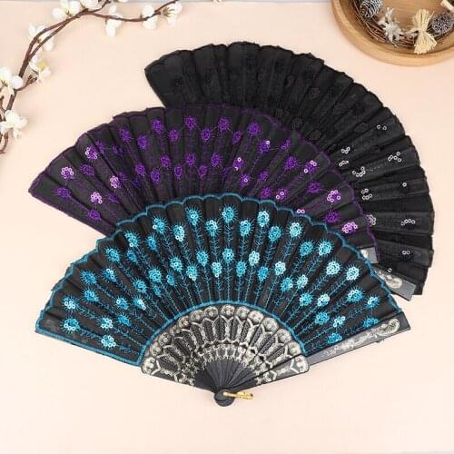 Silk Fan Folding Fan Wedding Art Gifts Peacock Sequin Dancing Fan Hand Held Fan Home decoration