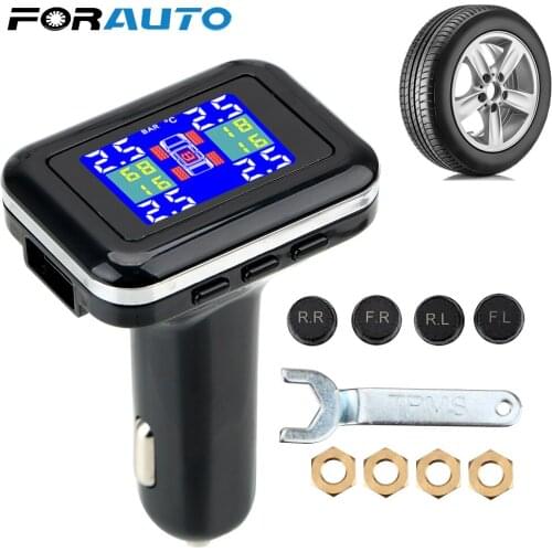 FORAUTO TPMS Car Tire Pressure Alarm Monitor System LCD Screen Display Cigarette Lighter Plug 4 External Sensors Wireless TPMS