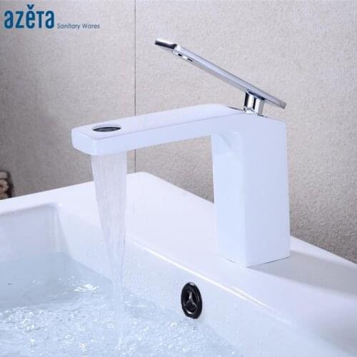 Azeta Basin Faucet Bathroom Waterfall Washbasin Mixer Tap White Single Handle Basin Sink Faucet Hot and Cold Water Tap AT7206W