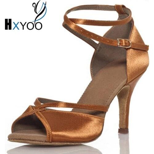 HXYOO Customized 4.5-10cm Peep Toe Ballroom Latin Dance Shoes Women Satin Comfortable Salsa Shoes Gold Black Soft Sole JYG457