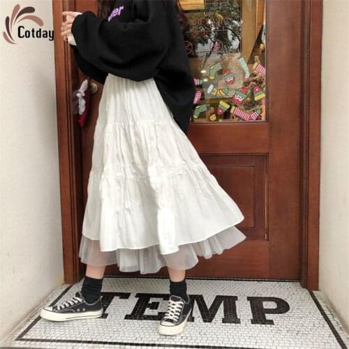 Cotday Long Tulle Midi Skirts Womens Autumn Elastic High Waist Temperament Female Black White Long Skirt Streetwear Skirts