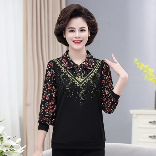 5XL Mother Clothing 2021 Spring New Floral Patchwork Turn-down Collar Long Sleeve T-shirt Autumn Tops Women Bottom Shirts
