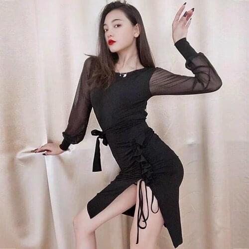 2021 New Latin Dance Clothes For Women Adult Black Sexy Lantern Sleeve Mesh Tops Split Skirts Practice Clothes Dress DQS6438