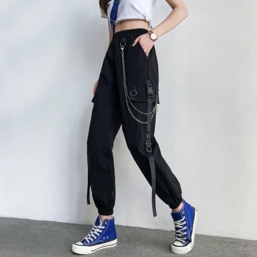 2021 Ladies Casual Pants Fashion Punk Pocket Jogging Pants with Chain Elastic Band High Waist Street Loose Straight Leg Pants