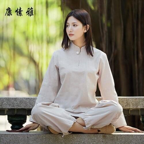 Women Tai Chi Martial Arts Kungfu Meditation Uniforms Cotton Linen Loose Shirts+pant casual fitness wushu set