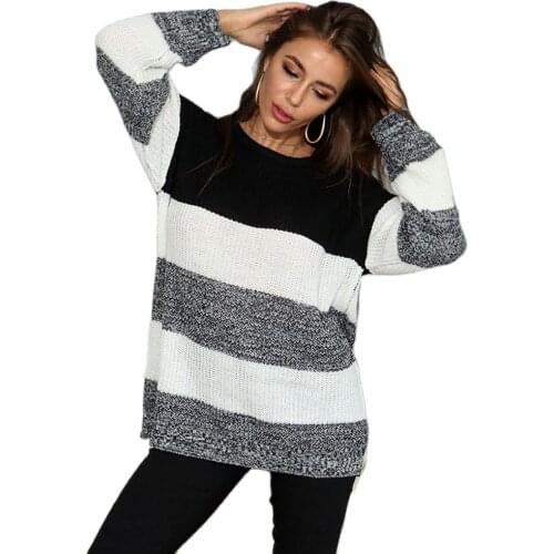 European and American autumn and winter new black and white stripes color matching sweater women
