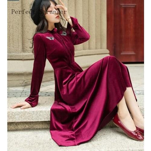 2019 Winter New Arrival Elegant Bow Collar Butterfly Embroidery Long Sleeve Woman Velvet Long Dress