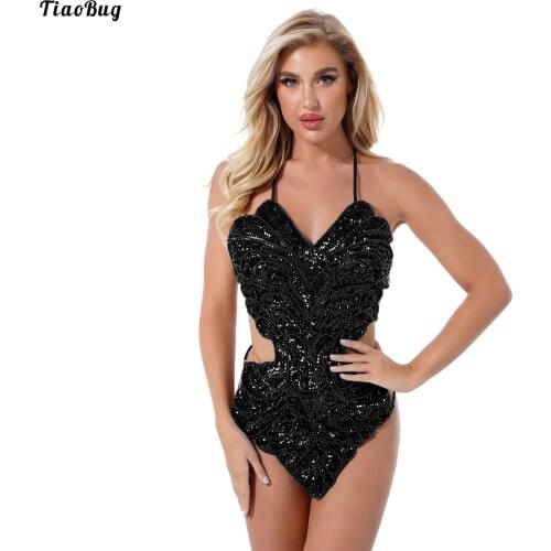 TiaoBug Women Sparkling Sequin Beaded Dress Bodysuit Nightclub Stage Performance Dance Party Jazz Costume Clubwear