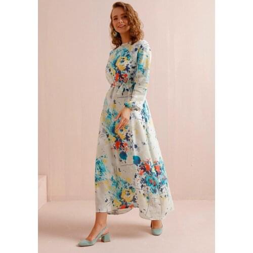 Oil Painting Pattern White Color Linen Fabric Long Dress 2021 New Muslim Fashion Stylish Islamic Clothing For Women Qatar Turkey